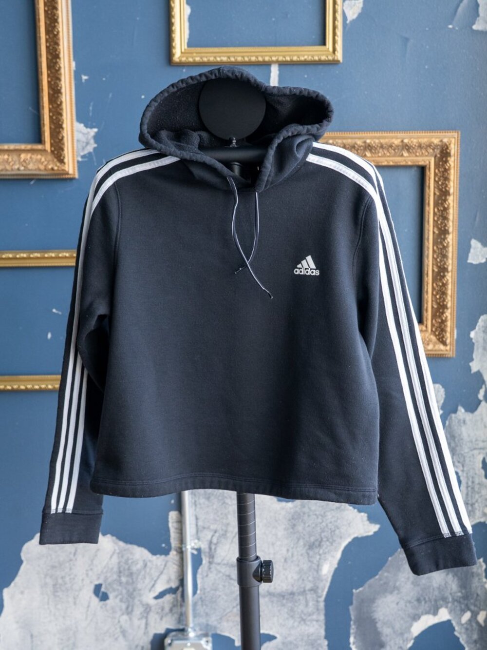 Adidas Originals Hoodie Women's Large Black 3-Stripes Trefoil Cropped